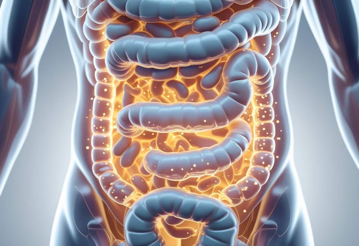 3D rendering of human intestines showing inflamed gut lining with small leaks and particles passing through.