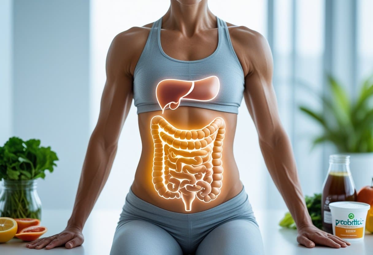A healthy adult with a glowing stomach area surrounded by fresh fruits and vegetables, symbolizing gut health and body wellness.