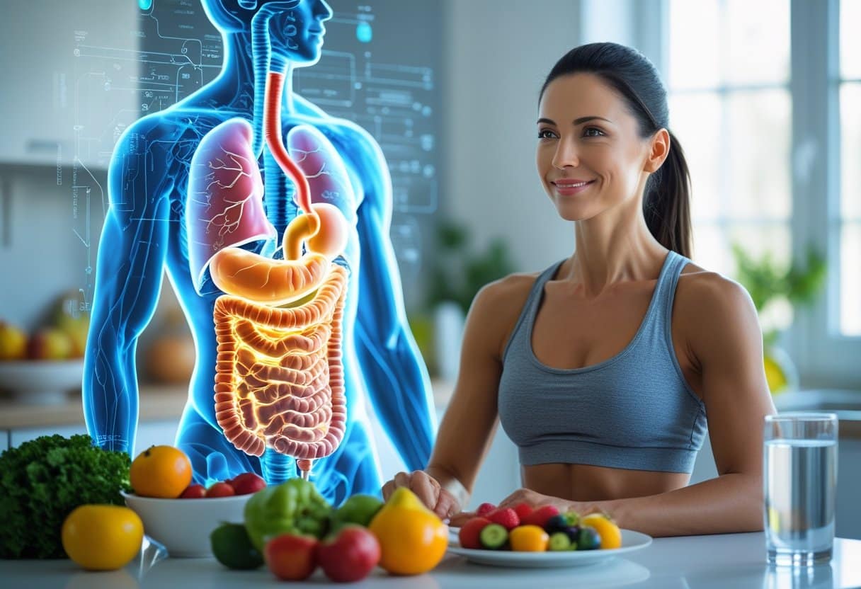 A healthy woman sitting at a kitchen table with fresh fruits and vegetables, with a glowing anatomical overlay of the digestive system behind her.