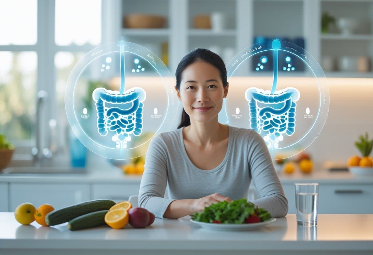 A healthy adult sitting at a kitchen table with fresh fruits and vegetables, surrounded by digital illustrations of the digestive system and gut bacteria.