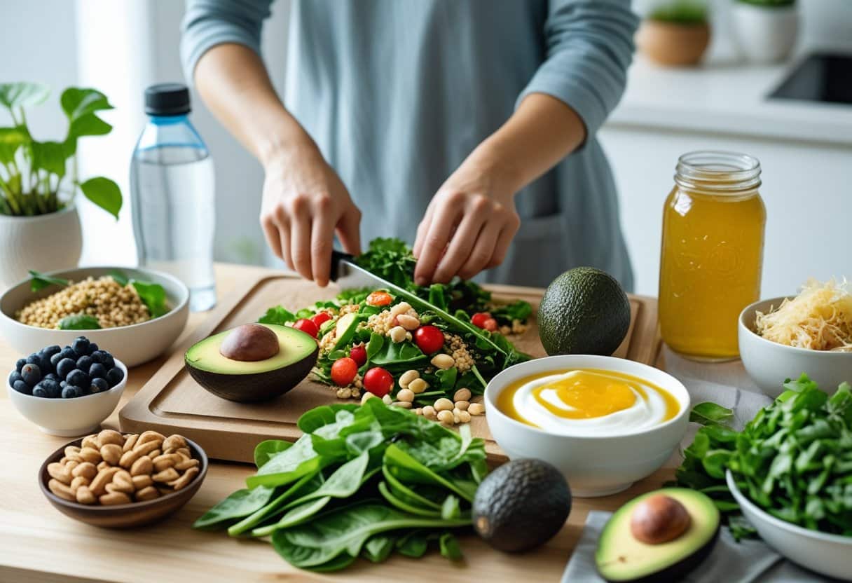 A person preparing a healthy meal with fresh vegetables, yogurt, nuts, and fermented foods on a kitchen counter.