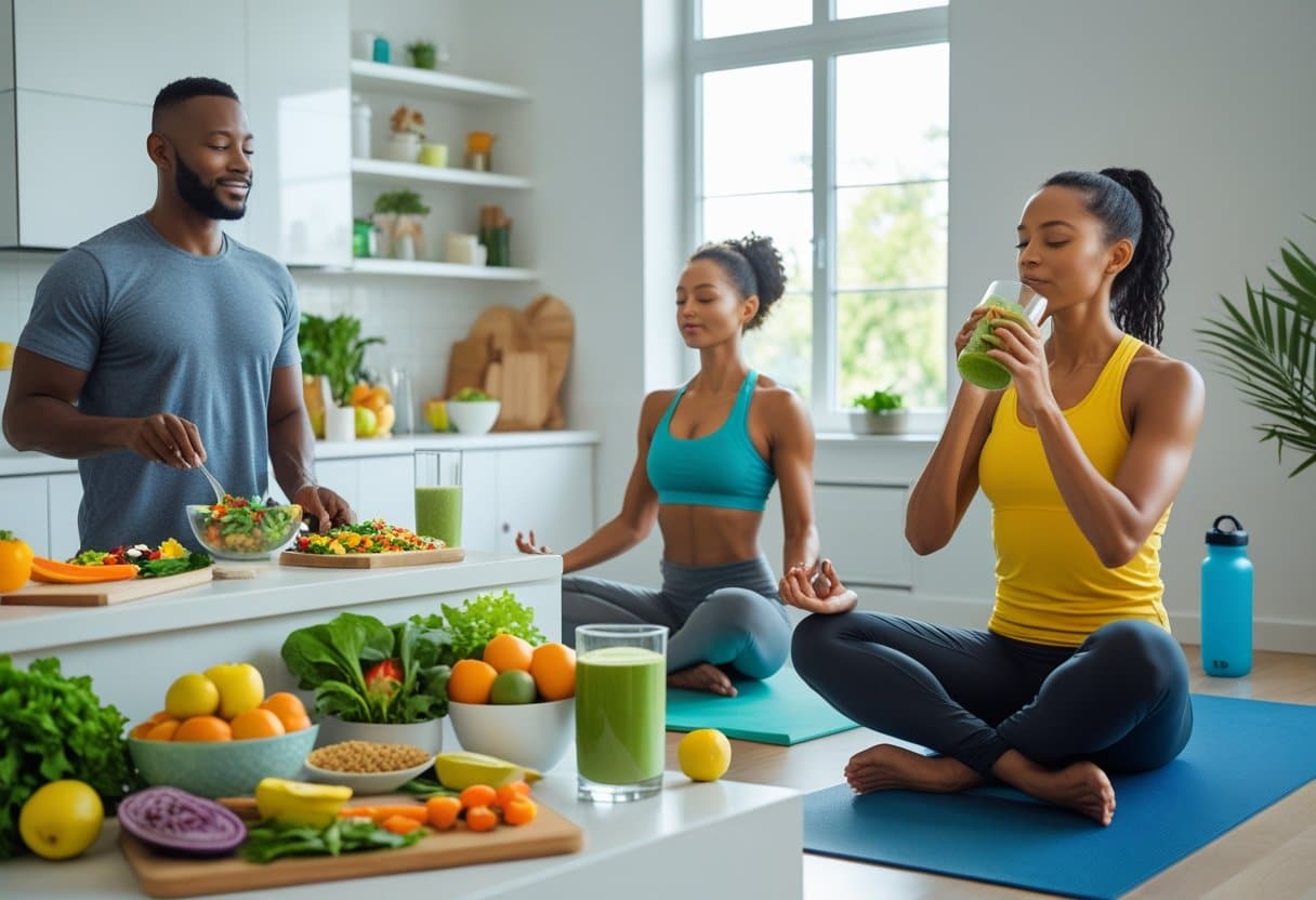 A diverse group of adults preparing healthy food, drinking a smoothie, and meditating in a bright kitchen with fresh fruits and vegetables.
