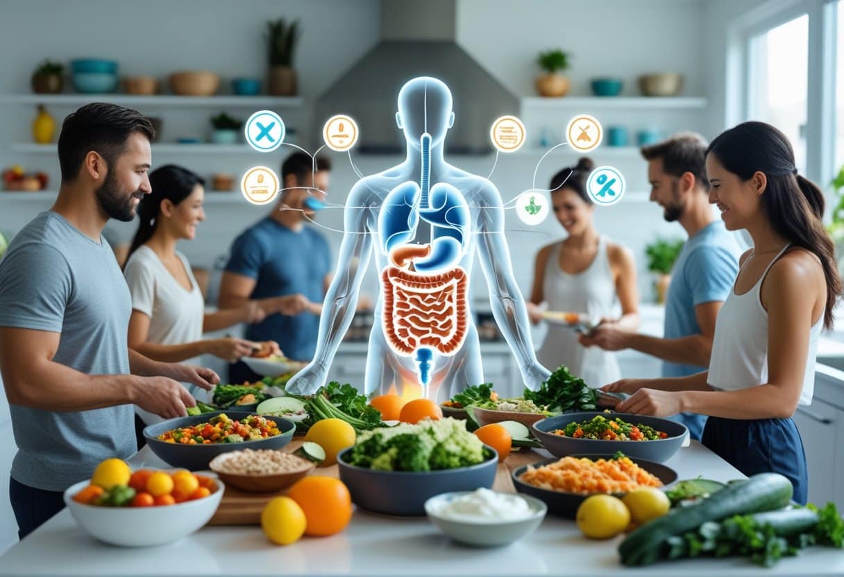 People preparing healthy meals in a kitchen with a transparent human figure showing the digestive system glowing to represent gut health.