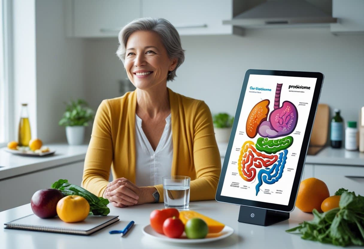 A middle-aged person sitting at a kitchen table with fresh fruits and a tablet showing a gut microbiome illustration, surrounded by wellness items.