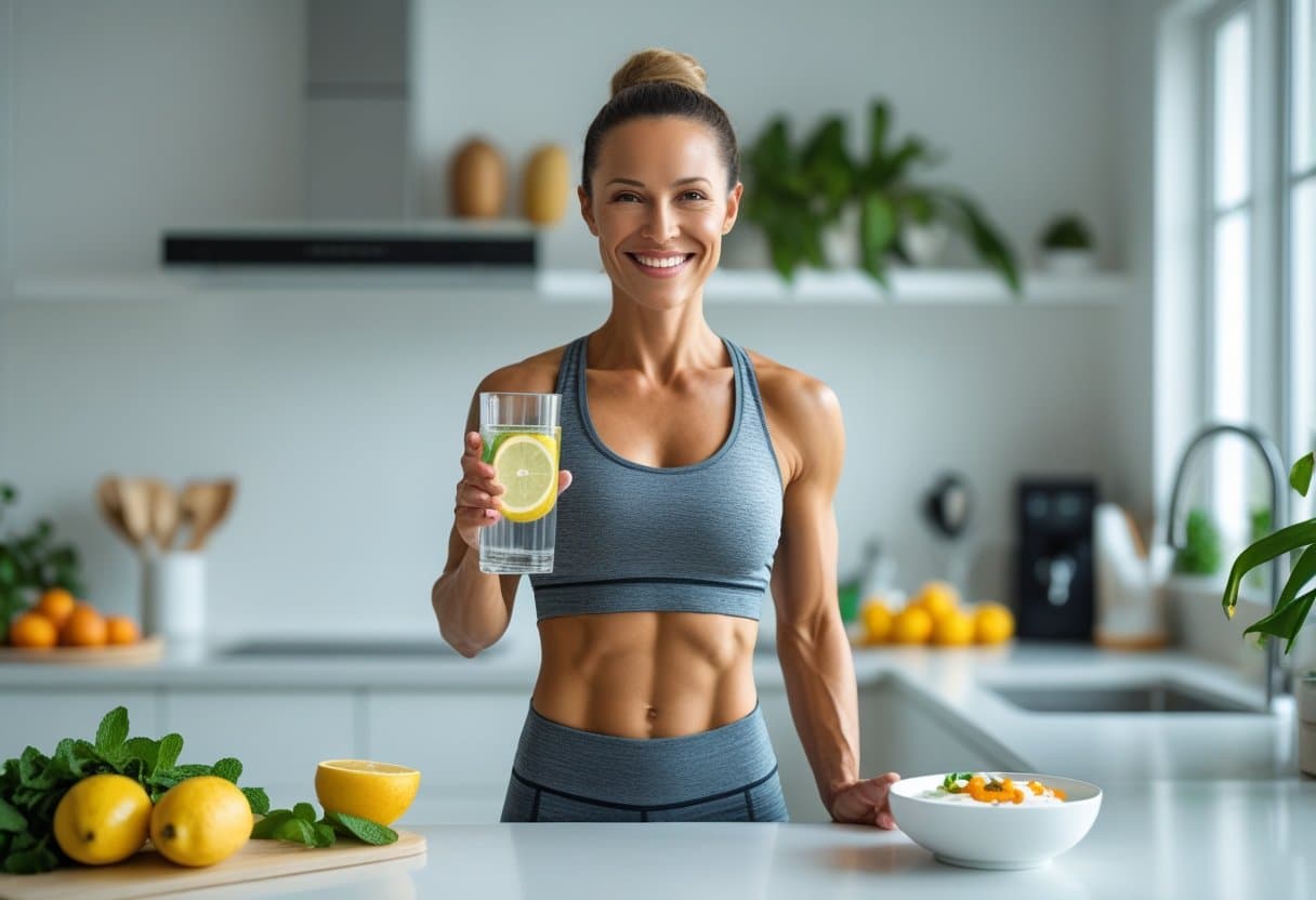A smiling woman holding a glass of lemon water in a bright kitchen with fresh fruits, vegetables, and plants around her.