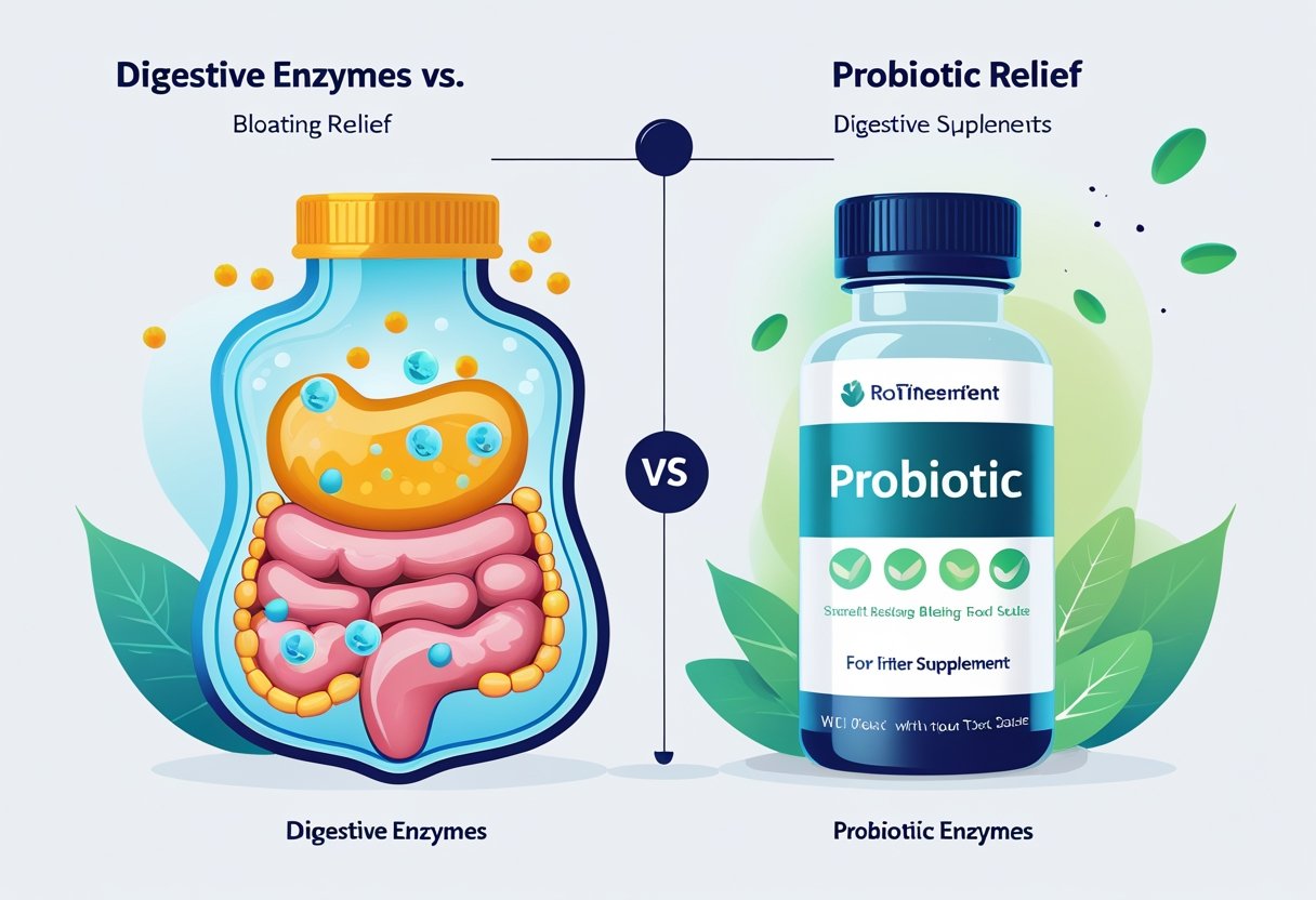 An illustration showing a digestive enzyme bottle breaking down food in a stomach on one side and a probiotic bottle with friendly bacteria supporting a healthy gut on the other side, with a balance scale between them.