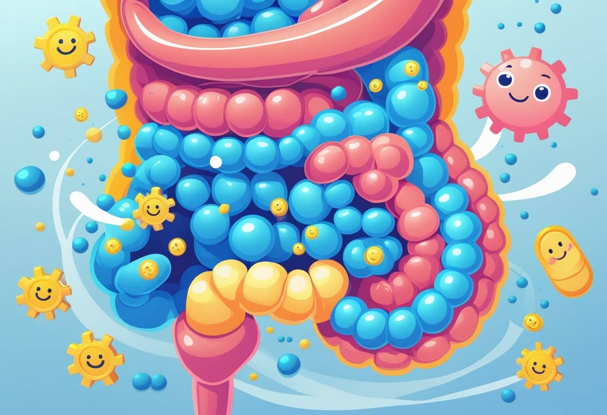 An isometric illustration showing the stomach and intestines with digestive enzymes breaking down food on one side and friendly probiotic bacteria supporting gut health on the other.
