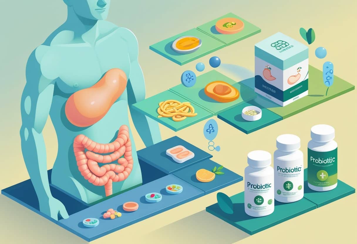 An isometric illustration showing a human torso with bloating symptoms, icons representing causes like unhealthy food and stress, and a comparison of digestive enzymes and probiotics with related symbols.