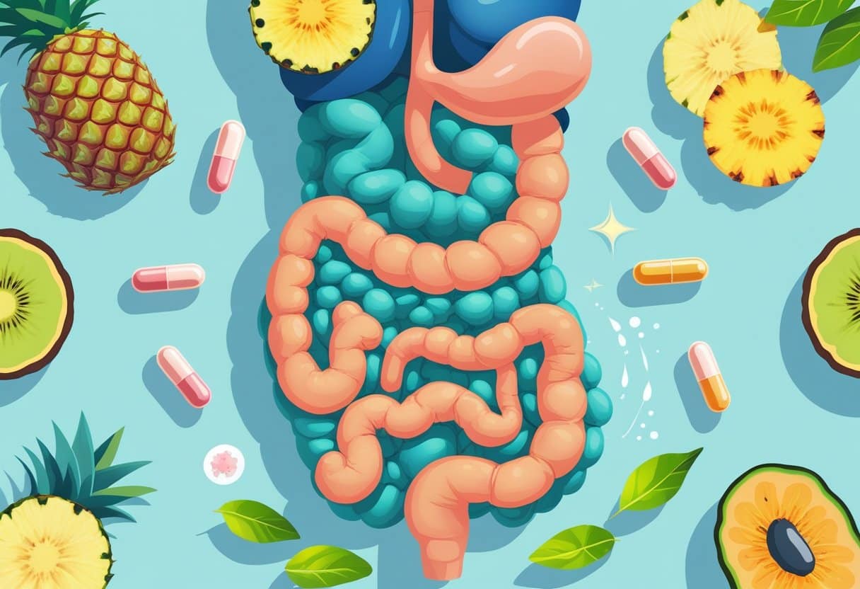 An isometric illustration showing digestive enzyme capsules and enzyme-rich foods on one side, probiotic supplements and probiotic-rich foods on the other, with a simplified human digestive system in the center symbolizing bloating relief.