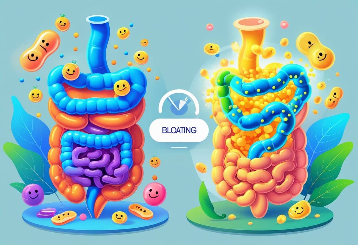 An isometric illustration showing friendly probiotic bacteria and glowing digestive enzymes inside a human digestive tract with visual elements indicating relief from bloating.