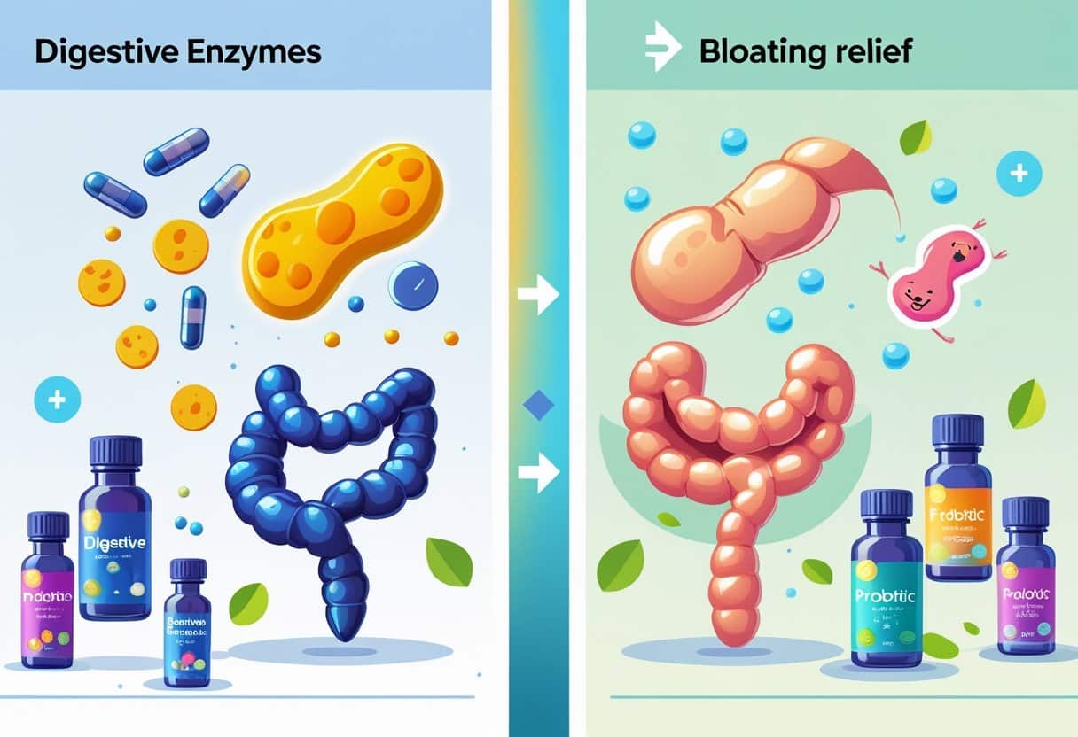 A split illustration showing digestive enzyme capsules and symbols breaking down food on one side, and probiotic capsules with friendly bacteria in a gut environment on the other, connected by a central digestive tract.