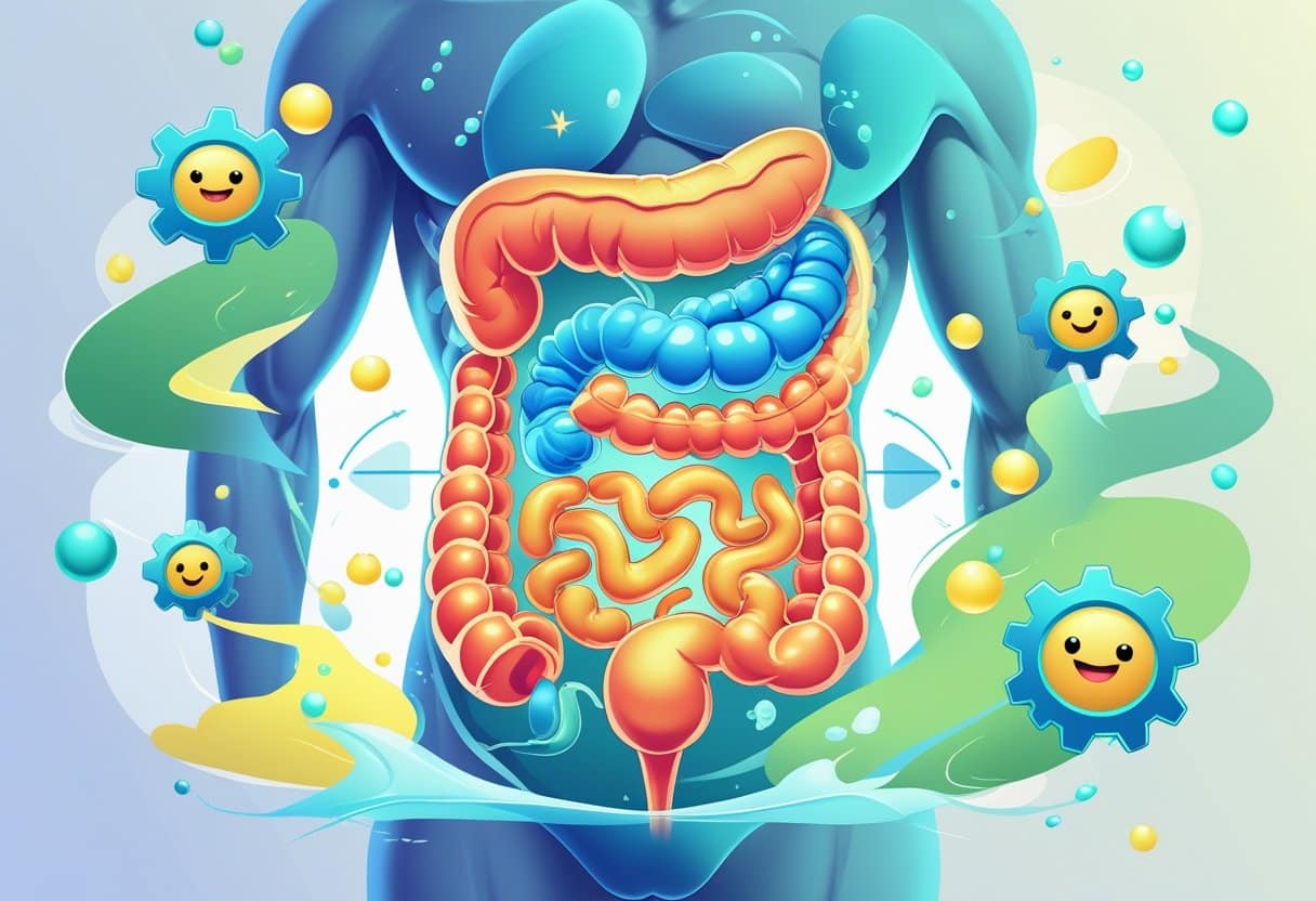 An illustration showing a transparent human torso with the digestive system visible, surrounded by representations of digestive enzymes and probiotic bacteria interacting around it.