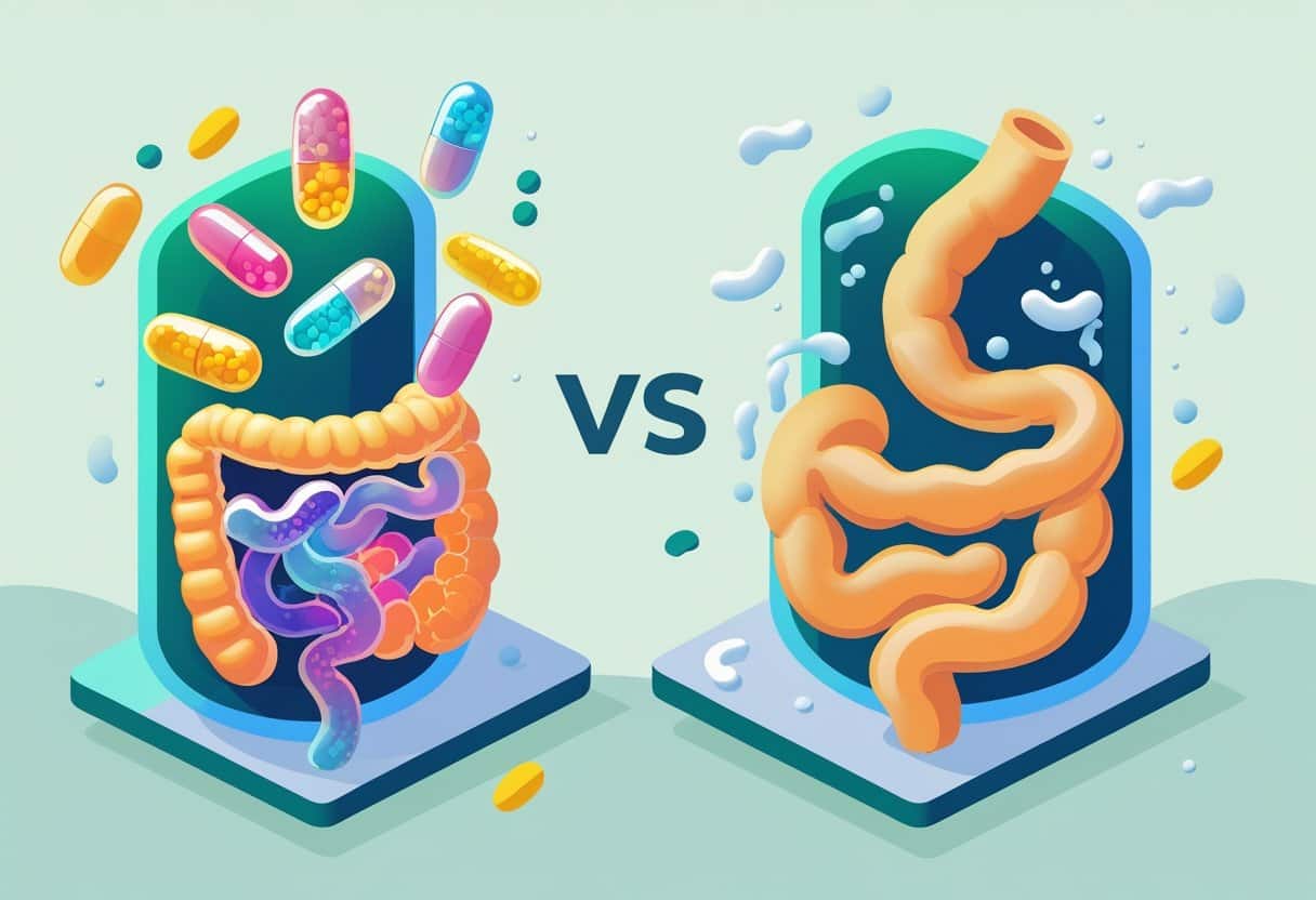 An isometric illustration showing digestive enzymes breaking down food on one side and friendly probiotic bacteria interacting with the gut on the other, highlighting a comparison related to bloating relief.