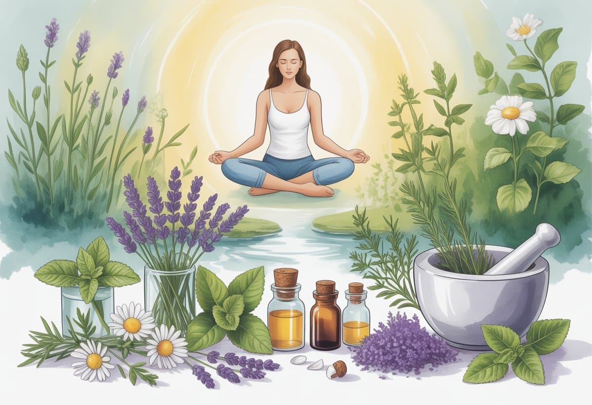 A peaceful scene showing fresh herbs, essential oil bottles, a mortar and pestle, a meditating person, and a natural background with flowers and flowing water.