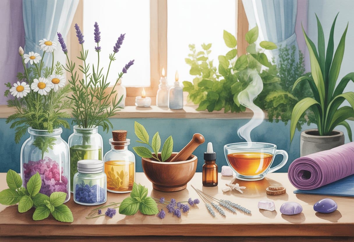 A peaceful scene showing natural healing items like herbs, essential oils, a mortar and pestle, and a cup of tea on a wooden table surrounded by plants and soft sunlight.
