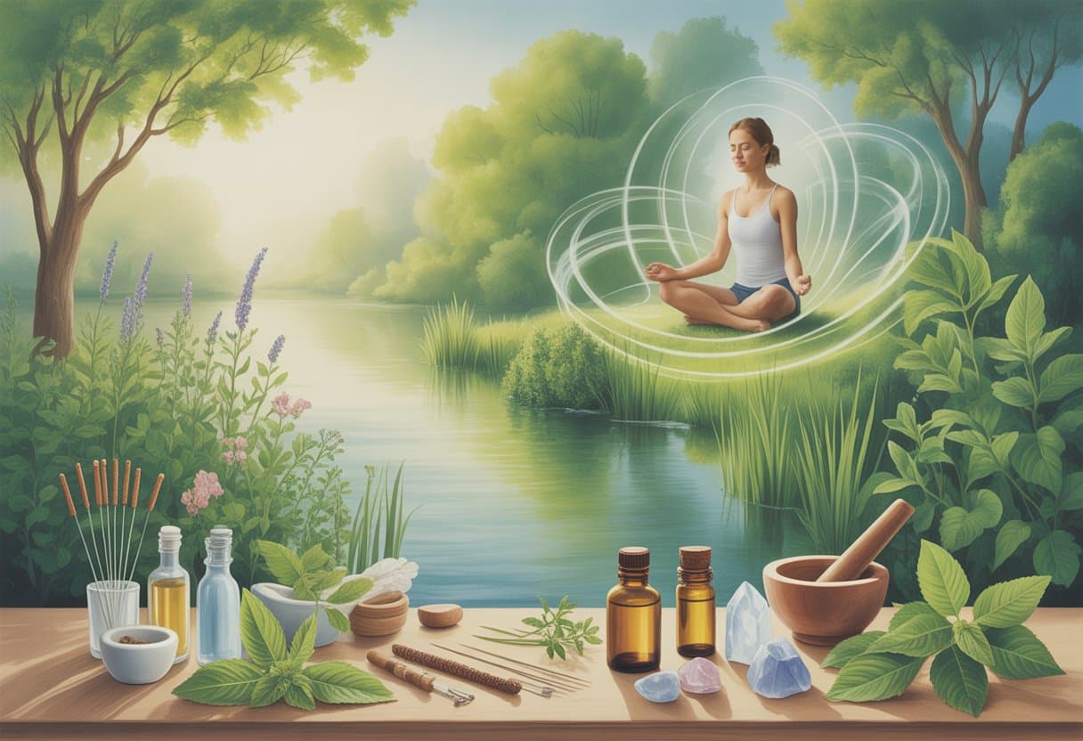 A peaceful natural scene with flowing water, green plants, flowers, and natural healing items like herbs, essential oils, and crystals, with a person meditating in the background.