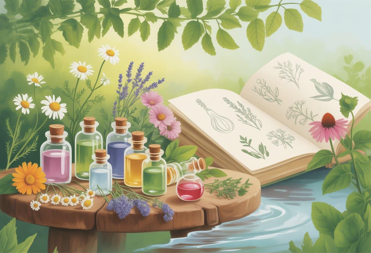 A peaceful scene with glass bottles of flower essences and fresh medicinal plants arranged on a wooden table near a flowing stream under soft sunlight.