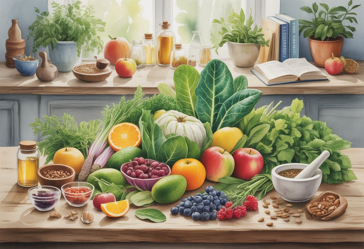 A peaceful kitchen scene with fresh fruits, vegetables, herbs, and jars of herbal remedies arranged on a wooden table, bathed in soft sunlight.