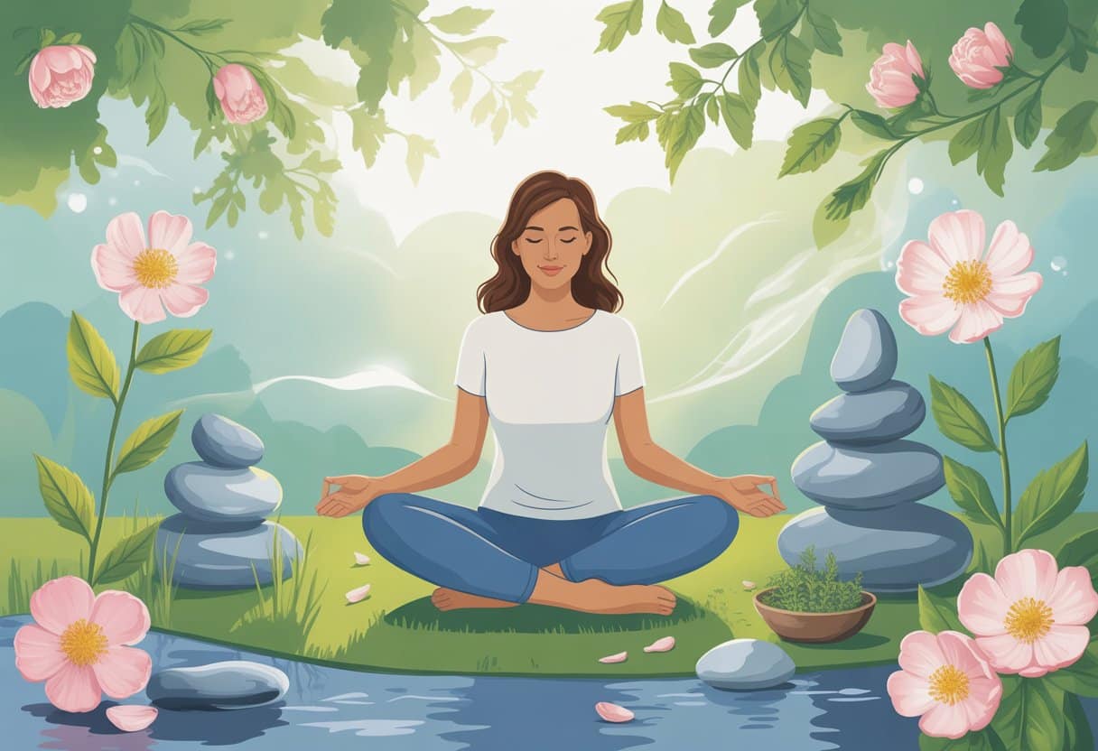 A peaceful woman meditating in a garden surrounded by flowers, flowing water, and natural elements symbolizing relaxation and healing.