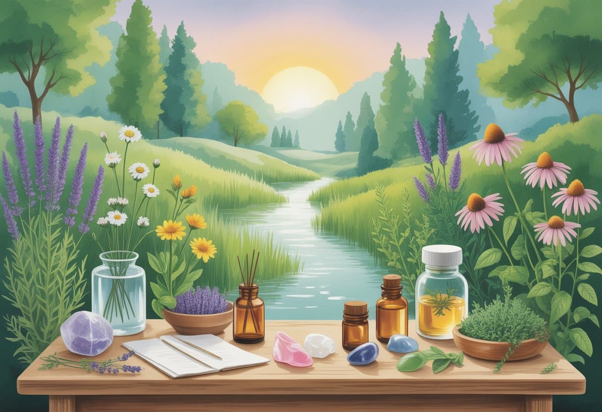 A peaceful natural scene with blooming medicinal plants and healing tools arranged on a wooden table near a flowing stream under a warm sunrise.