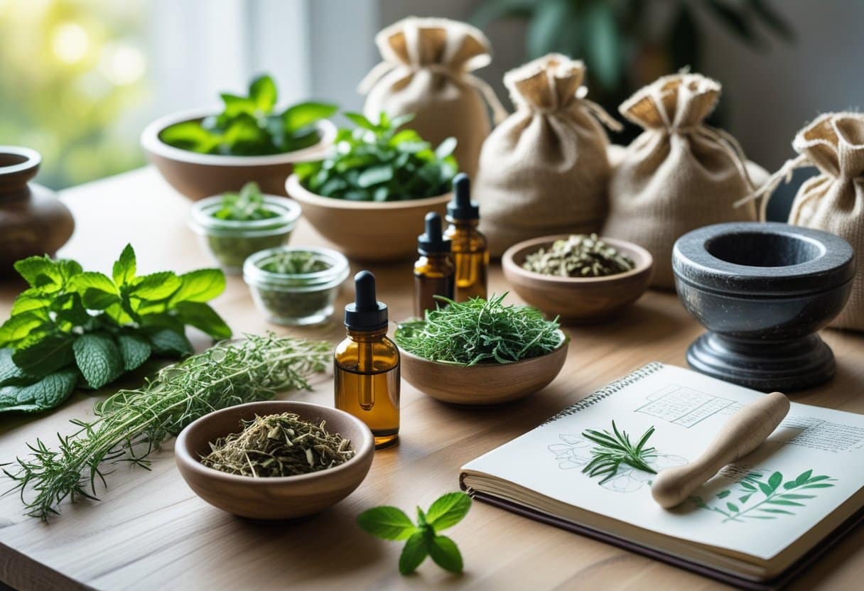 A wooden table with fresh and dried herbs, glass jars, a mortar and pestle, and amber dropper bottles arranged neatly in a natural wellness setting.