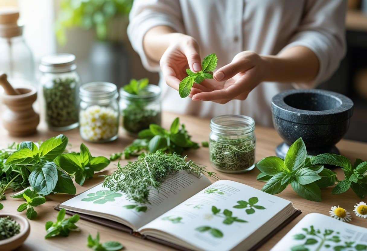Hands holding fresh herbs over a wooden table with jars of dried herbs, a mortar and pestle, and botanical illustrations in a softly lit room.
