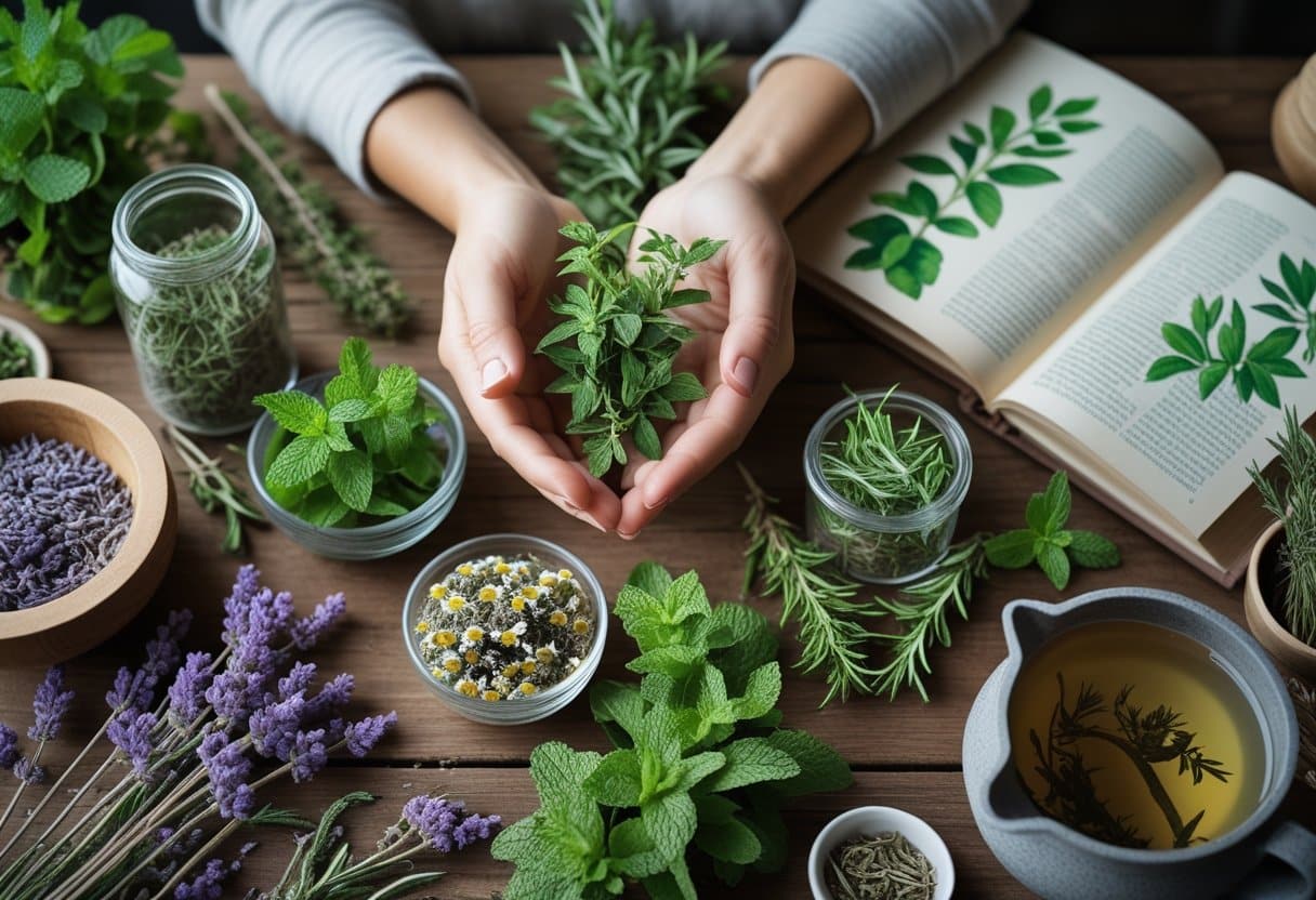 Hands holding fresh herbs over a wooden table with jars of dried herbs, a mortar and pestle, and a teapot brewing herbal tea.