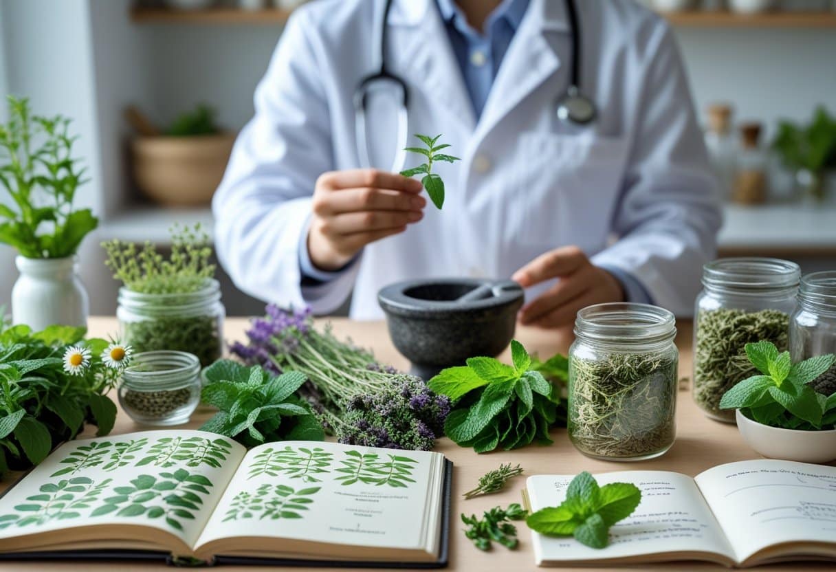 A workspace with fresh and dried medicinal herbs, a mortar and pestle, a notebook with botanical illustrations, and a person in a lab coat holding an herb.