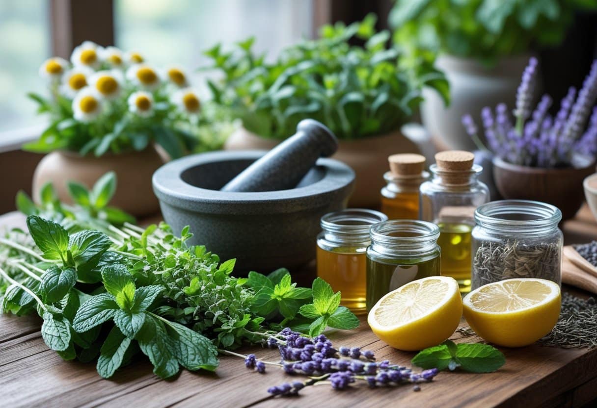 A wooden table with fresh and dried herbs, glass jars, a mortar and pestle, honey, and lemon slices arranged for herbal medicine preparation.