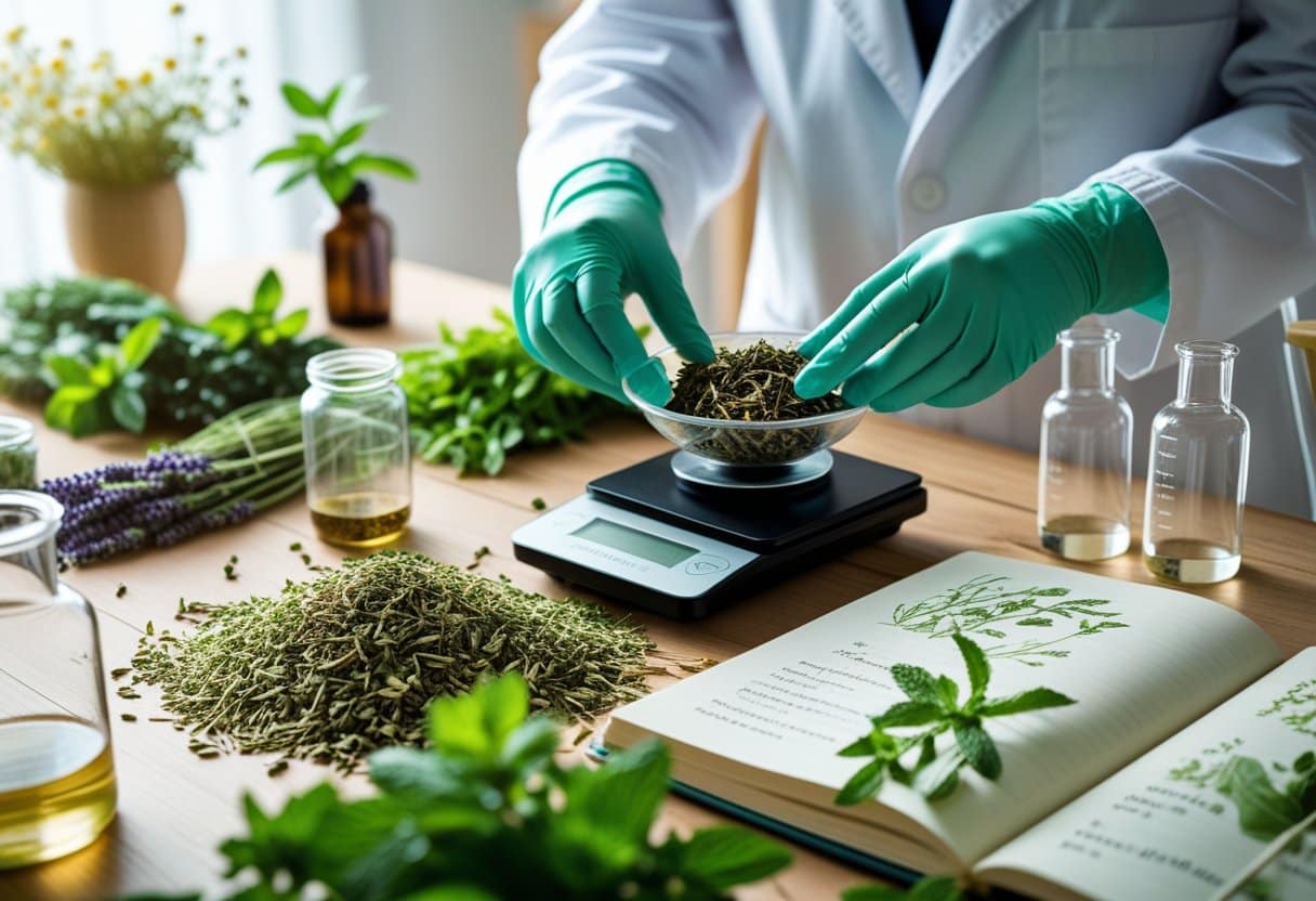 A person in a white lab coat measuring medicinal herbs on a wooden table with glass containers and botanical notes nearby.
