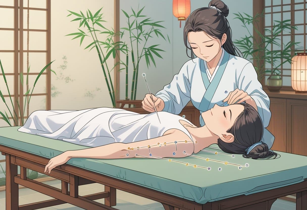 A calm woman lies on a treatment table while a practitioner inserts acupuncture needles along her back, with glowing lines showing energy flow in a peaceful room.