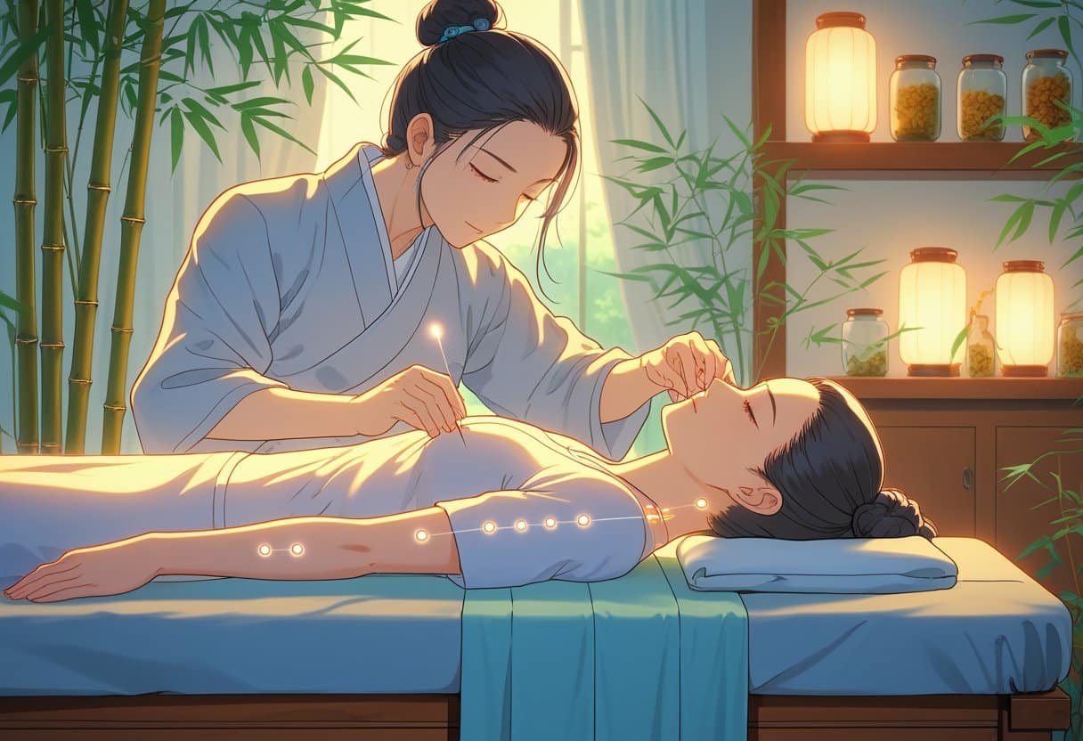 A calm woman receiving acupuncture treatment from a practitioner in a peaceful room with natural decorations.