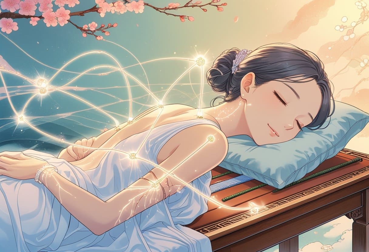 A peaceful young woman lying on an acupuncture table with glowing needles inserted along her back and arms, surrounded by luminous energy lines representing the flow of healing energy.