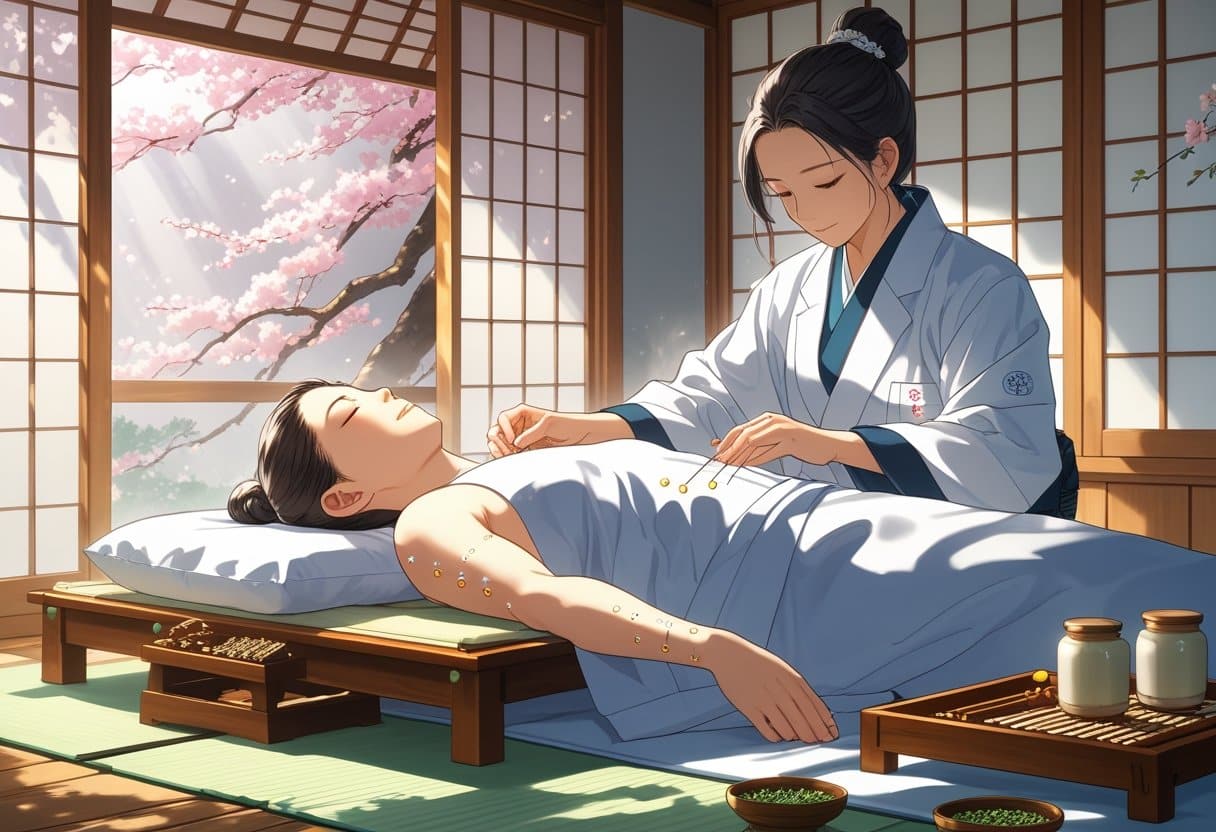 A patient receiving acupuncture treatment from a practitioner in a calm, traditional room with natural light and healing atmosphere.