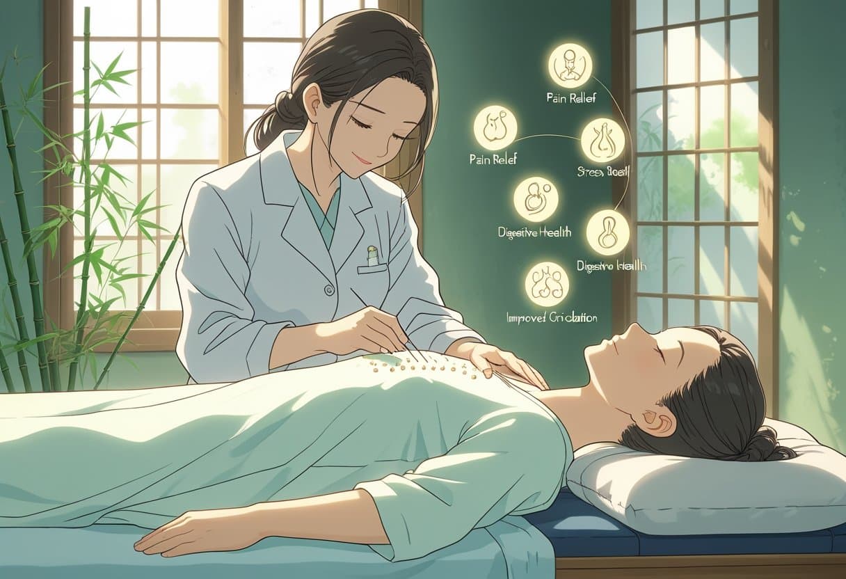 A patient receiving acupuncture treatment from a practitioner in a calm clinic room with natural light and plants.