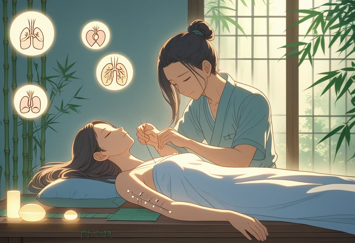 A young woman receiving acupuncture treatment from a practitioner in a peaceful room with soft lighting and natural elements.