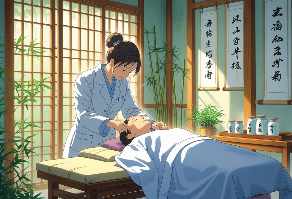 An acupuncturist carefully inserting needles into a patient lying on a treatment table in a calm, softly lit clinic room.