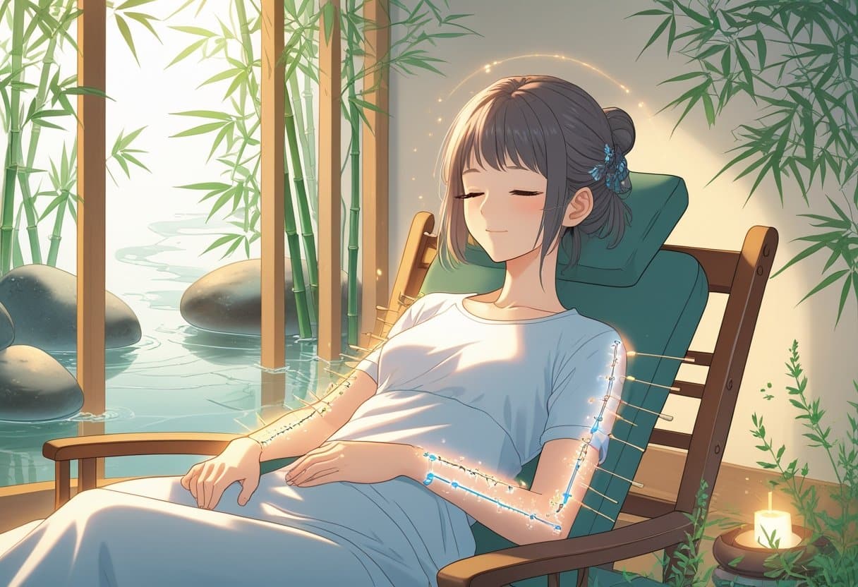 A peaceful scene showing a woman receiving acupuncture therapy in a natural, calming room with plants and gentle lighting.