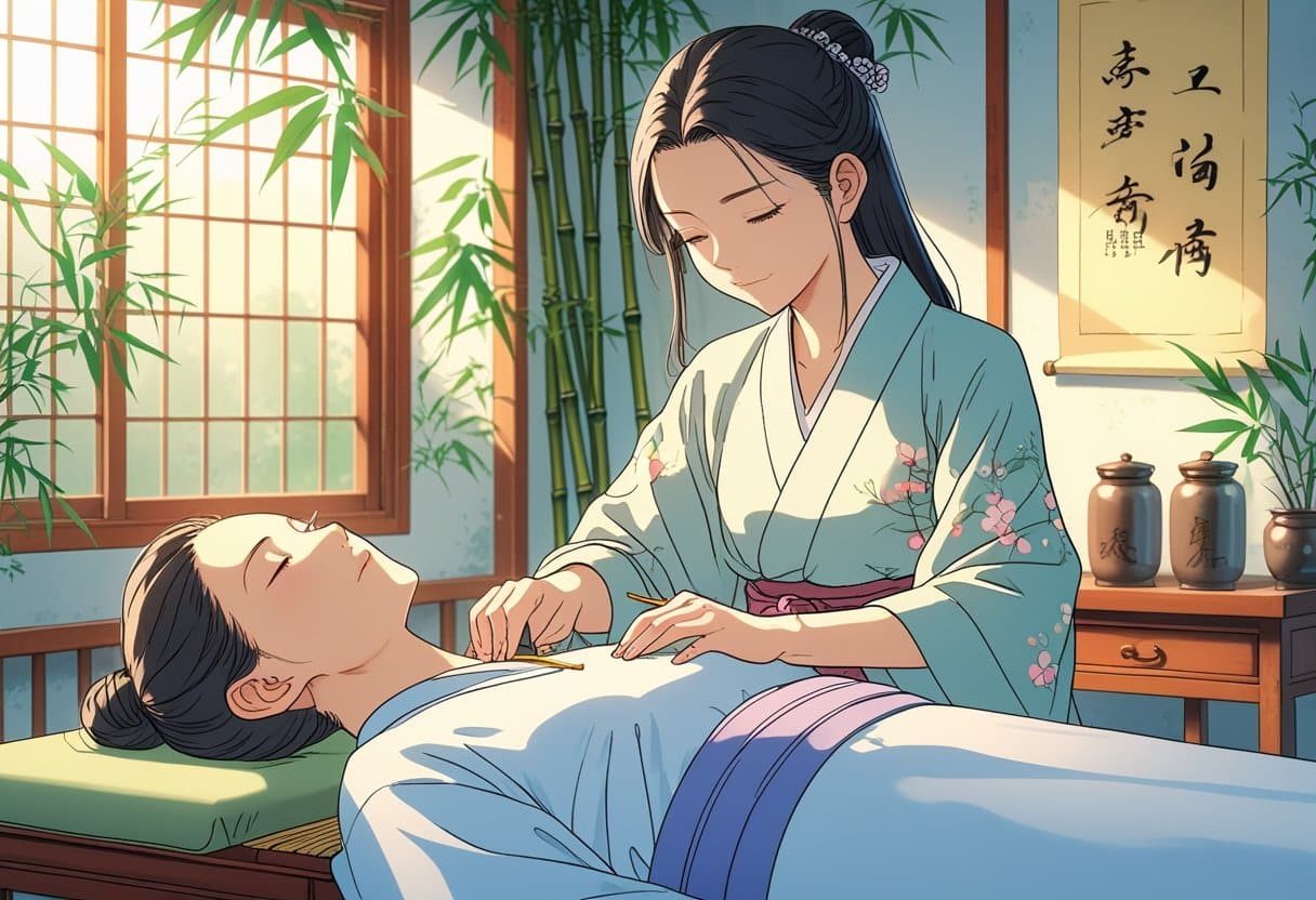 A female acupuncturist gently placing needles on a patient lying on a treatment table in a calm, traditional clinic room.