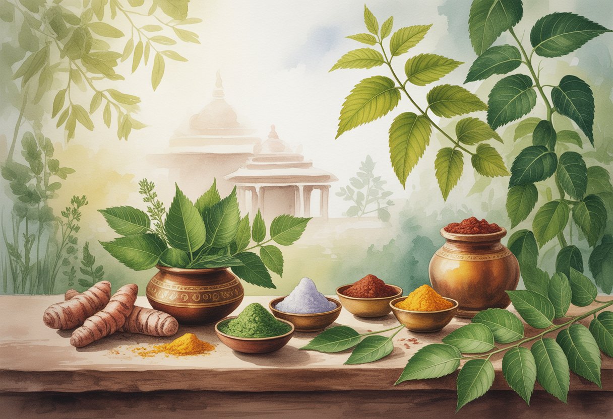 A peaceful natural scene with green plants, herbs, clay pots, and bowls arranged on a wooden table surrounded by soft sunlight and traditional Indian elements.