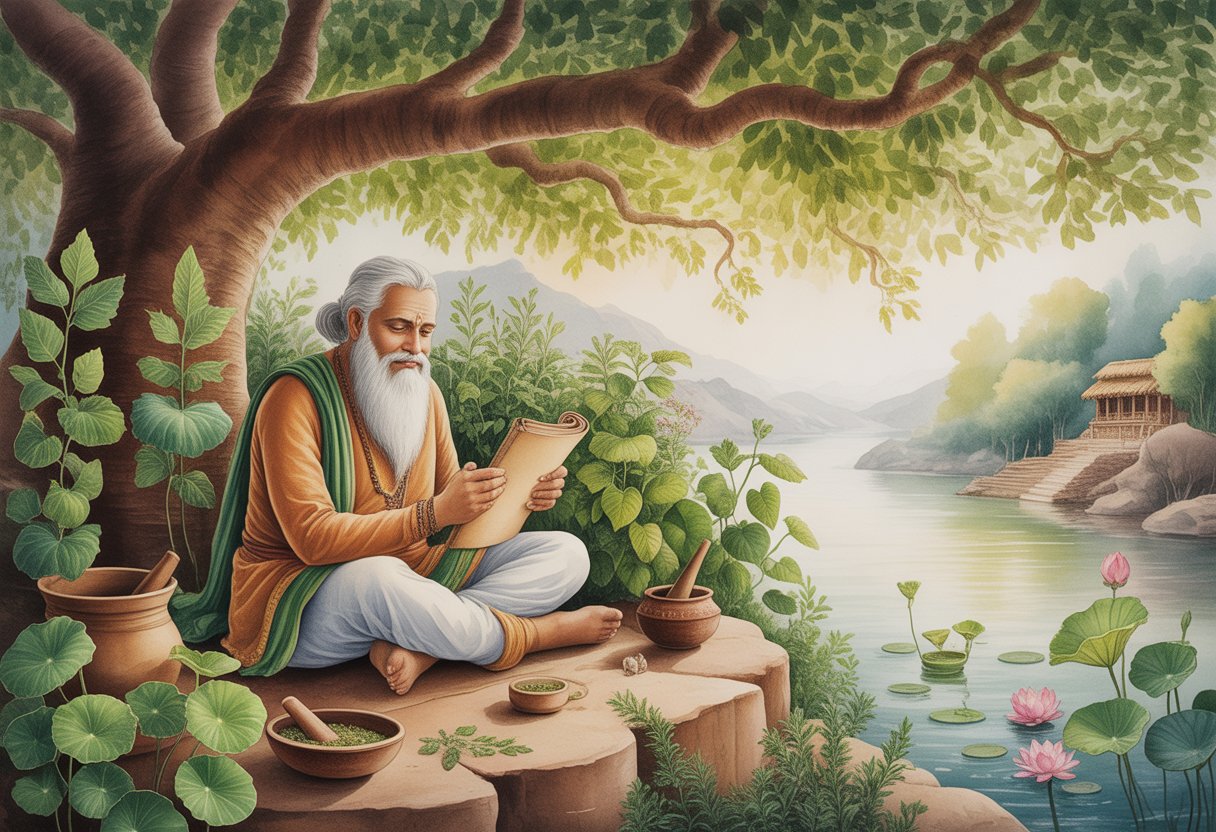 An ancient Indian sage sitting under a large banyan tree surrounded by medicinal plants and a flowing river with lotus flowers.