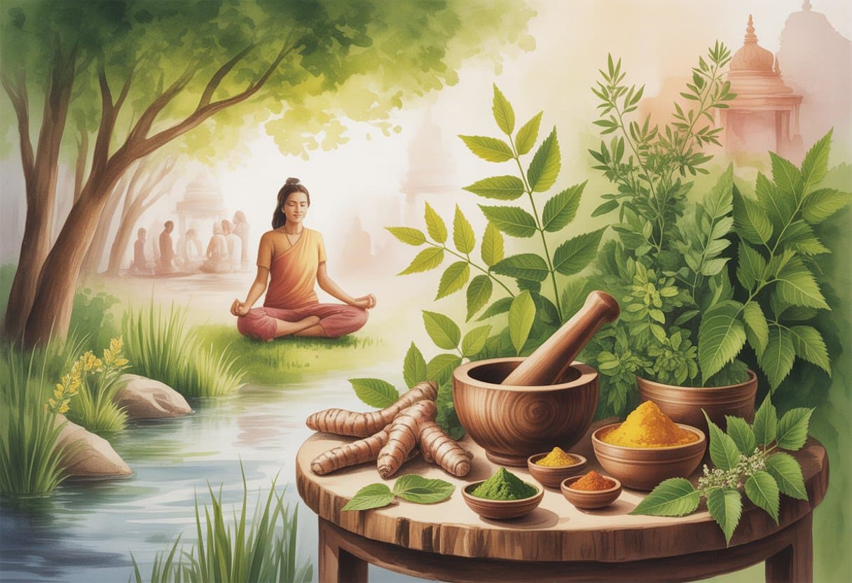 A peaceful natural scene with medicinal plants, a wooden mortar and pestle, clay bowls with herbs, a flowing stream, and a meditating figure near traditional Indian architecture.