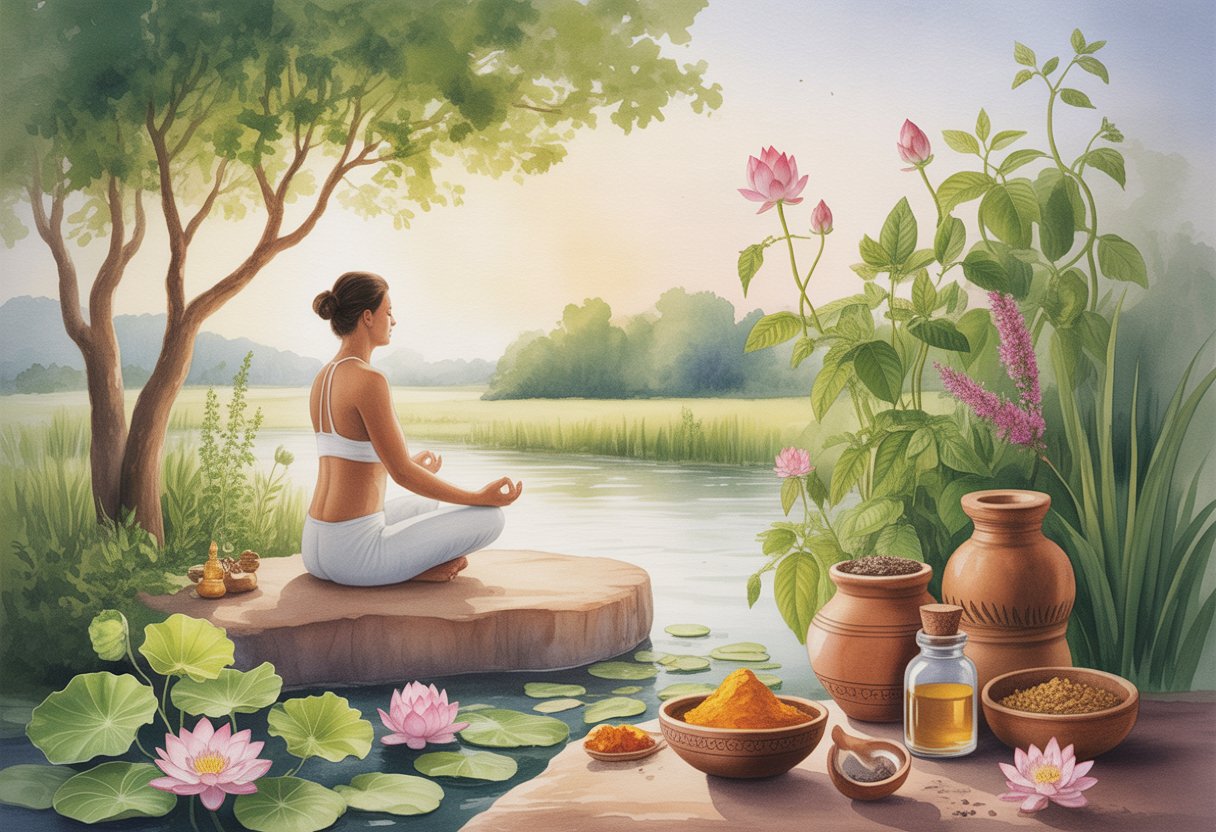 A person meditating outdoors surrounded by lotus flowers, herbs, and traditional Ayurvedic items with hills and a river in the background.