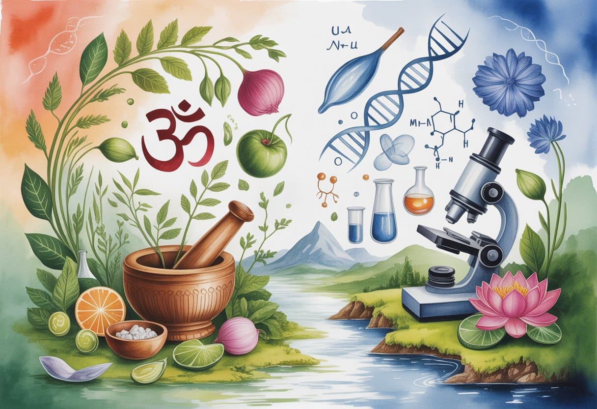 A peaceful scene showing traditional Ayurvedic herbs and symbols alongside modern scientific tools like a microscope and DNA helix, set against a natural landscape.