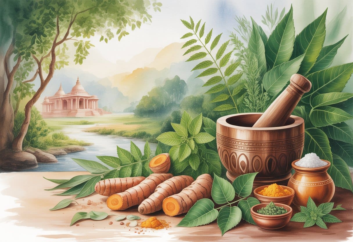 A peaceful scene showing Ayurvedic herbs, a wooden mortar and pestle, clay pots with herbal oils, and a distant ancient temple surrounded by greenery and flowing rivers.
