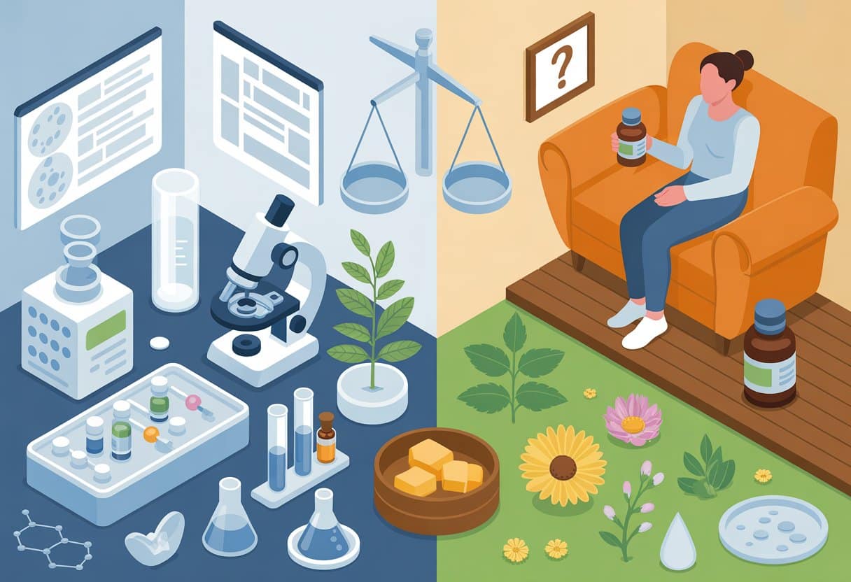 A split scene showing a scientific laboratory on one side and a person holding homeopathic remedies surrounded by natural elements on the other, with a balanced scale symbolizing the debate between science and placebo.