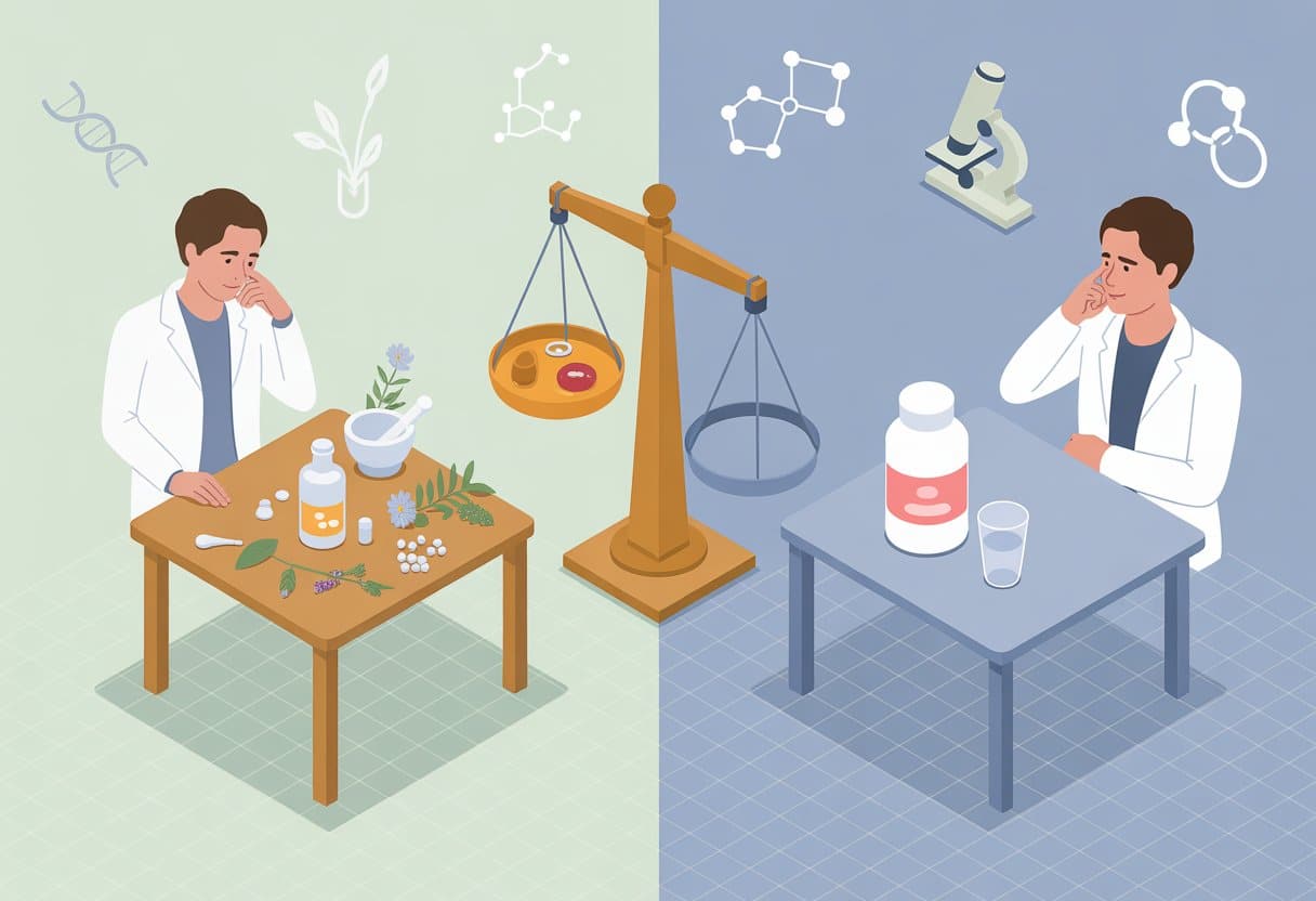An illustration showing a comparison between homeopathy and placebo with two people examining remedies on separate tables, a balance scale between them, and scientific symbols floating overhead.