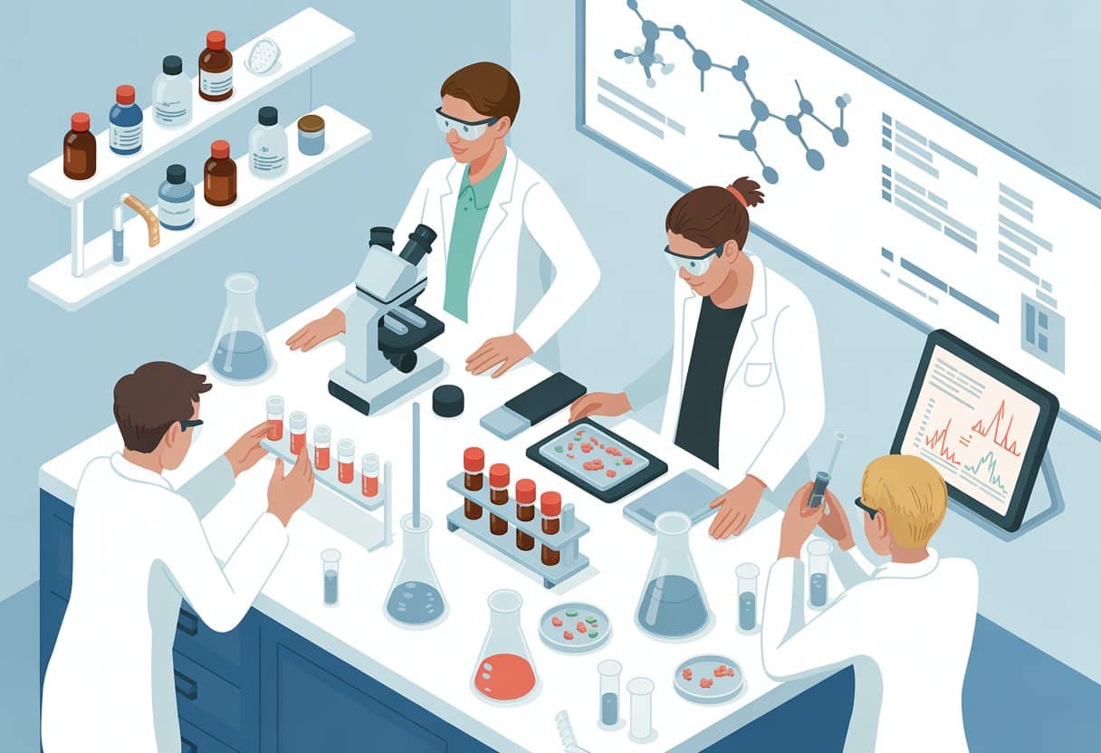 A laboratory scene with scientists examining test tubes and homeopathic remedy bottles while analyzing scientific data and molecular diagrams.