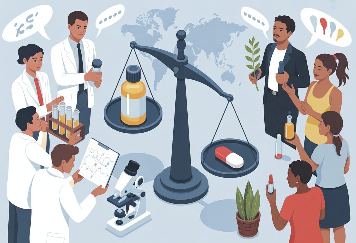 A balanced scene showing scientists examining lab equipment on one side and diverse people holding homeopathic remedies on the other, with a central scale balancing a remedy bottle and a placebo pill, set against a world map background.