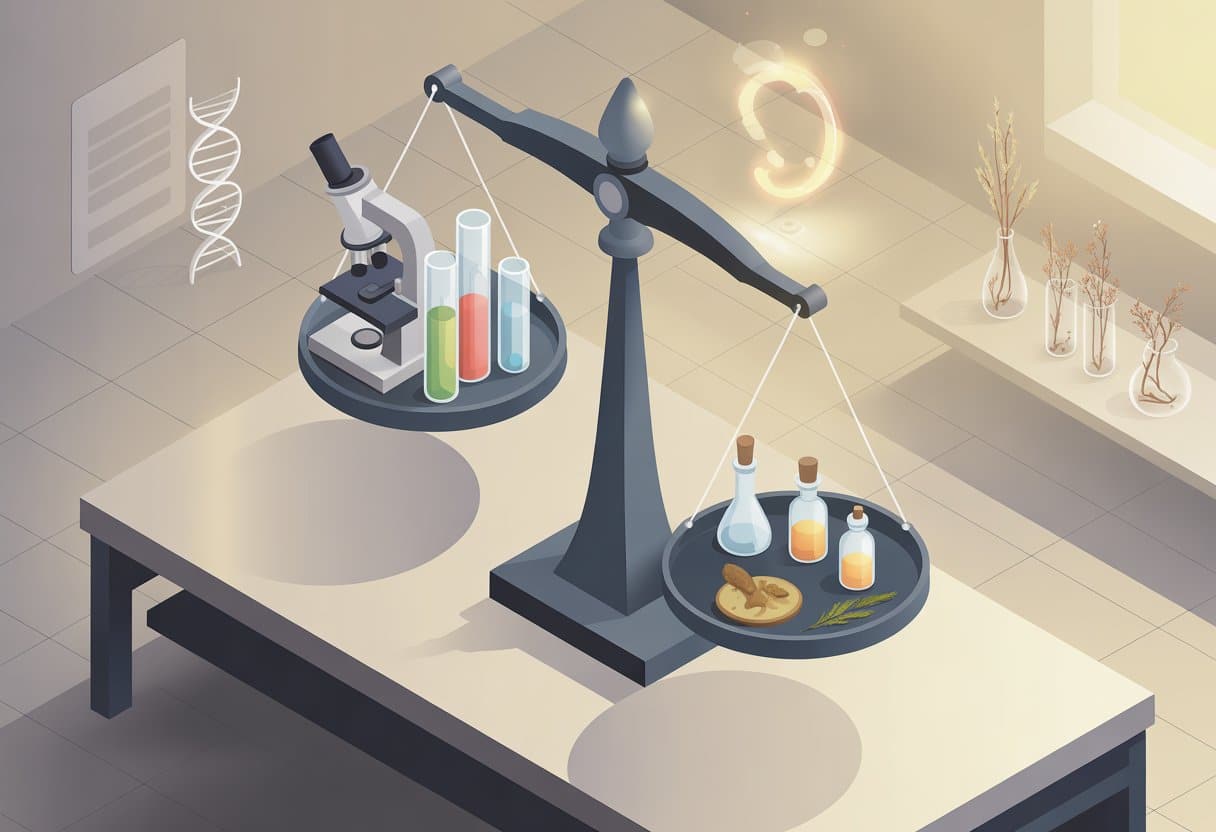 A balanced scale on a table with scientific equipment on one side and homeopathic items on the other, symbolizing a comparison between science and placebo.